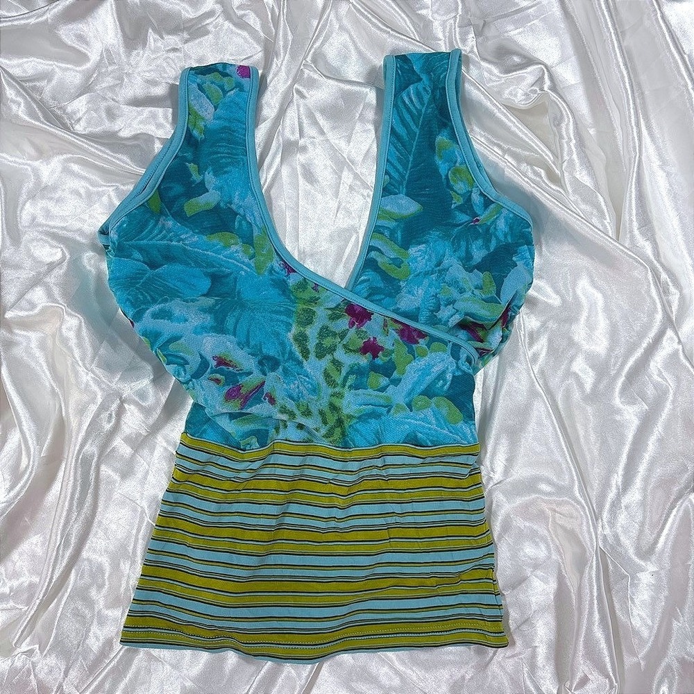y2k Camaieu Floral Stripe Tank Top Blue Sleeveless Mesh Wrap V-Neck